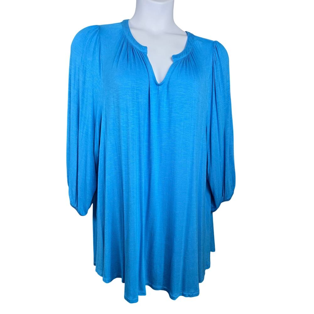 Lane Bryant 22/24 Blue Tunic Blouse Split Neck 3/4 Sleeve Plus Size Boho Peasant